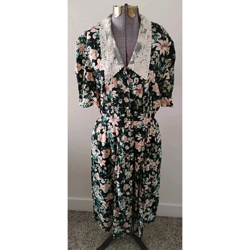 Vtg Karin Stevens Dress Blue Floral Print Lace Collar Midi Sz 8 Tea Cottagecore